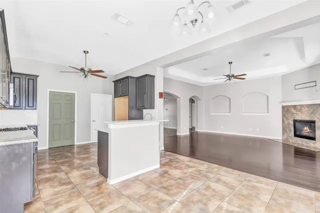 a view of kitchen and hall with fireplace