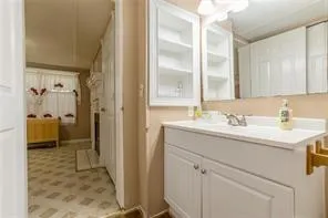 a bathroom with a sink a mirror and a shower