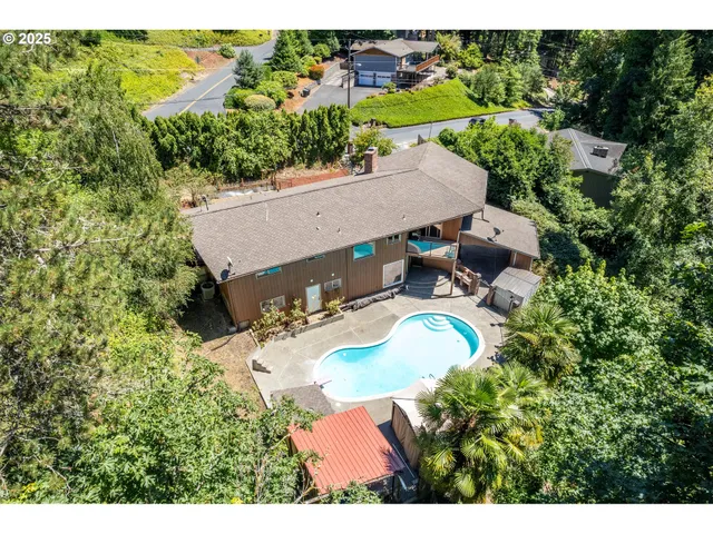 an aerial view of residential house with green space