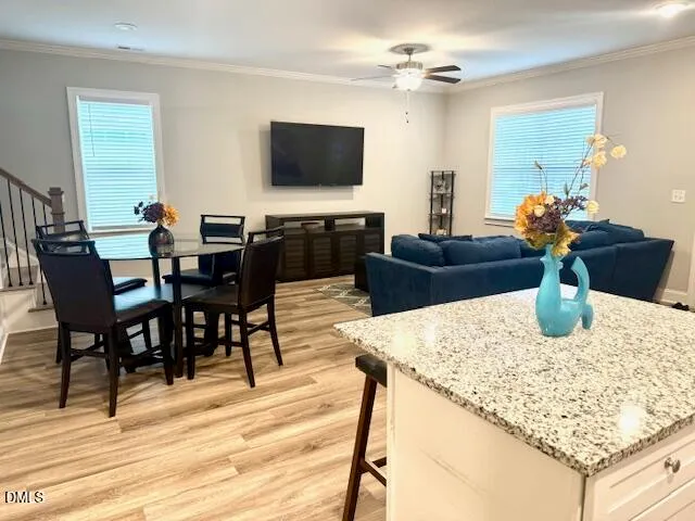 a view of a dining room with furniture