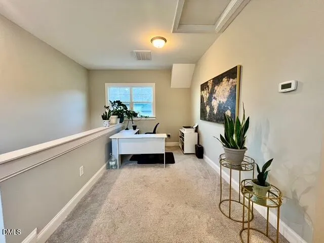 a living room with furniture and a potted plant