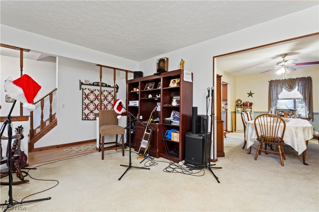 3465 Yost Road Litchfield, OH 44253 - Photo 11 of 27 Living area with light carpet, ceiling fan, and a textured ceiling