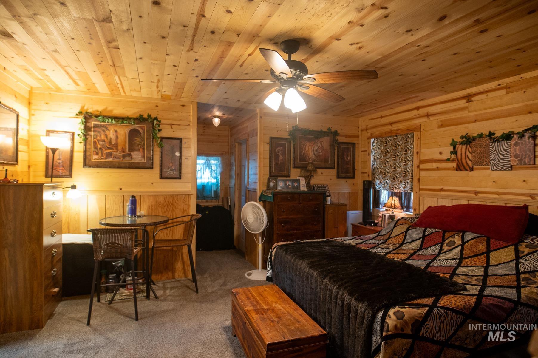 736 East Main Street Weiser, ID 83672 - Photo 21 of 33 Carpeted room featuring wood paneling on walls and ceiling, a ceiling fan with light fixture, and a window with blinds