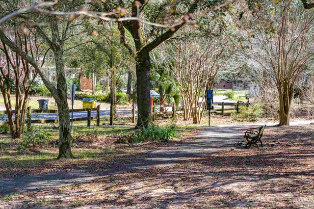 a view of a park with swings