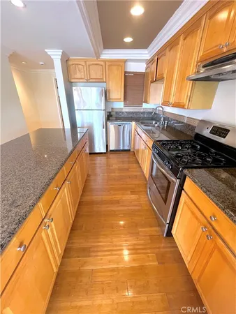 a kitchen with stainless steel appliances granite countertop a stove a sink and a microwave