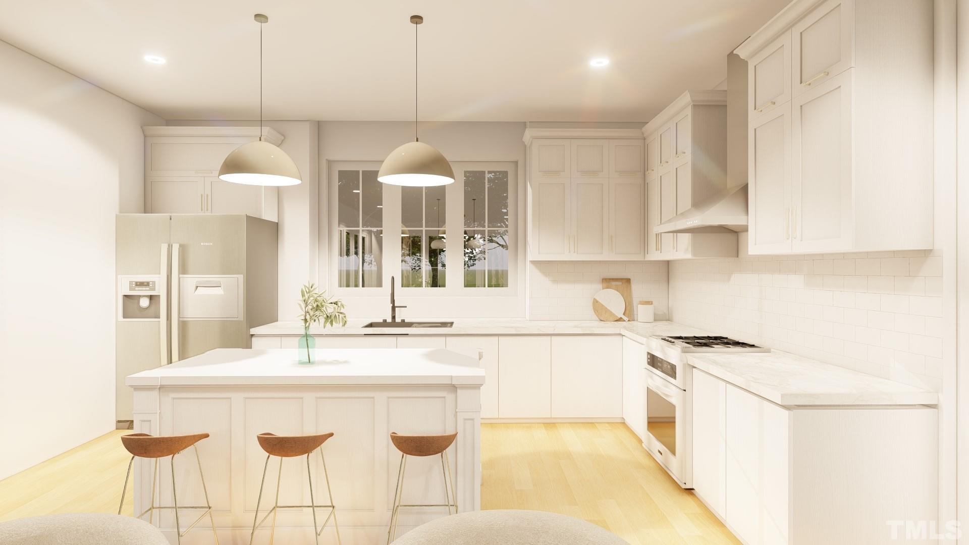 4416 Powell Grv Court Raleigh, NC 27606 - Photo 4 of 5 a kitchen with kitchen island granite countertop a sink a stove a refrigerator and white cabinets