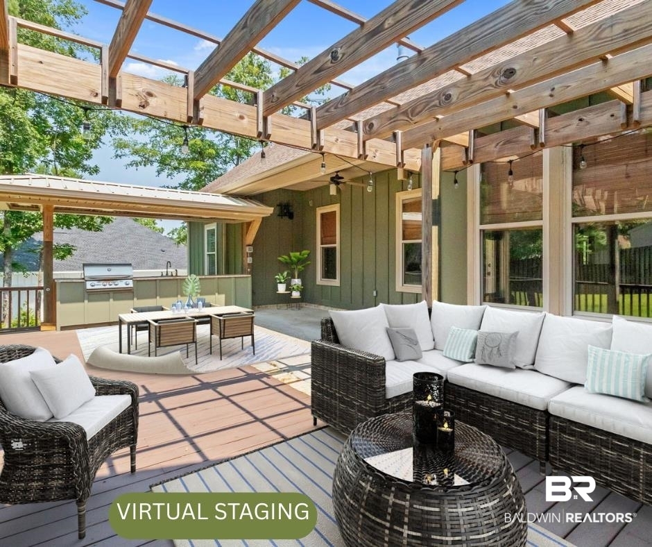 7854 Raegan Lane Daphne, AL 36527 - Photo 58 of 70 View of patio with an outdoor living space, outdoor dining space, an outdoor kitchen, a pergola, and a wooden deck