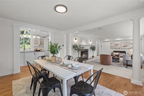 a view of a dining room with furniture