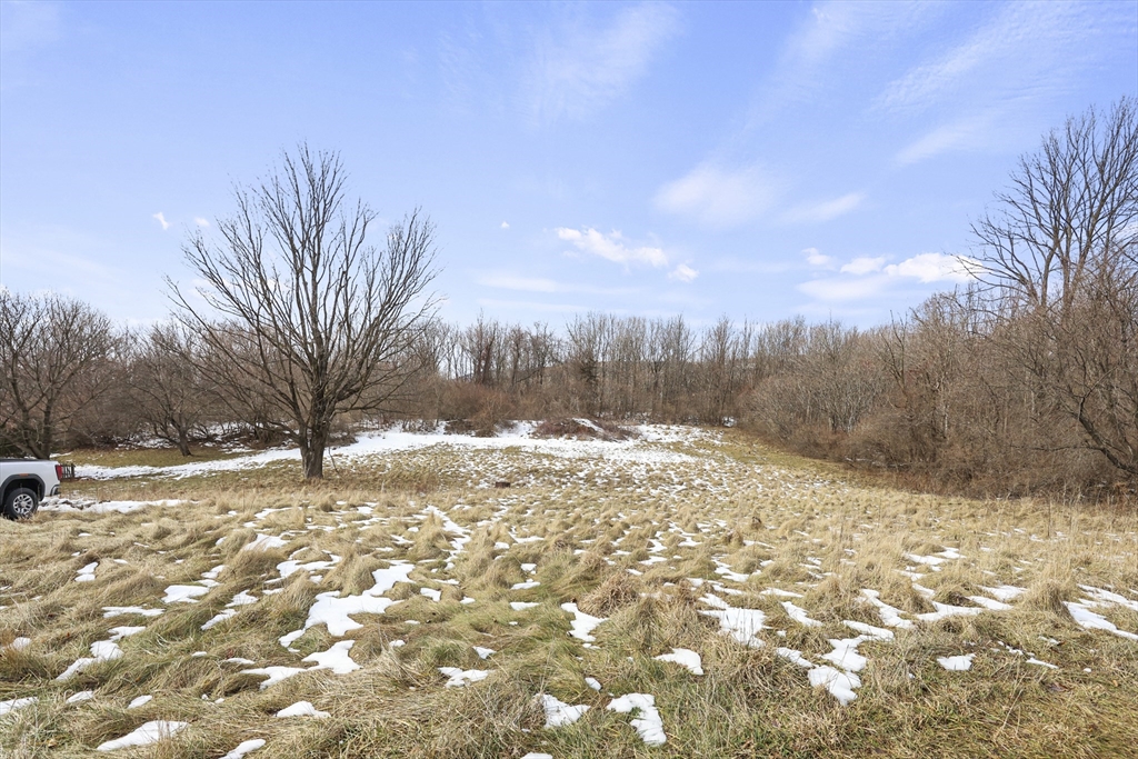 a view of a yard covered in snow