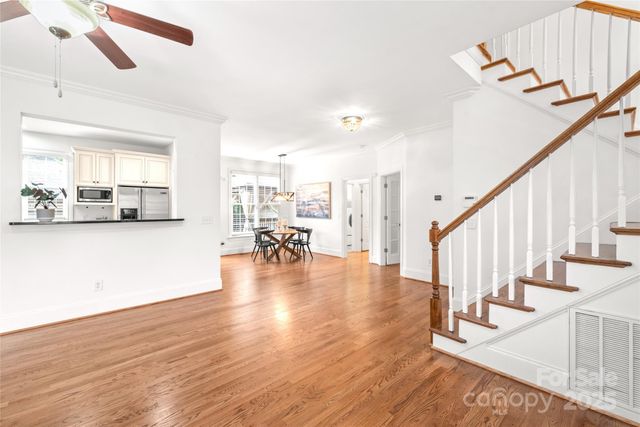 a view of dining room with wooden floor