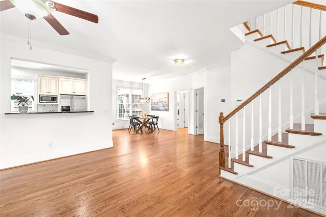 a view of dining room with wooden floor