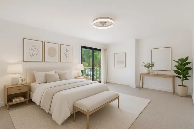 a bedroom with a bed and a potted plant