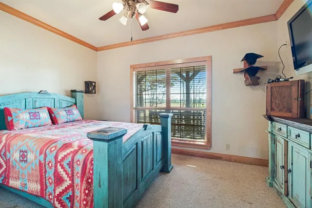 a bedroom with a bed and a television