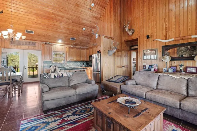 a living room with furniture a rug and a chandelier