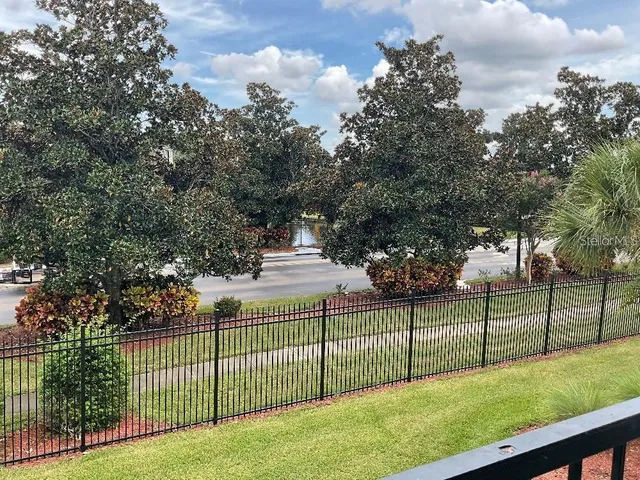 a view of a park with large trees