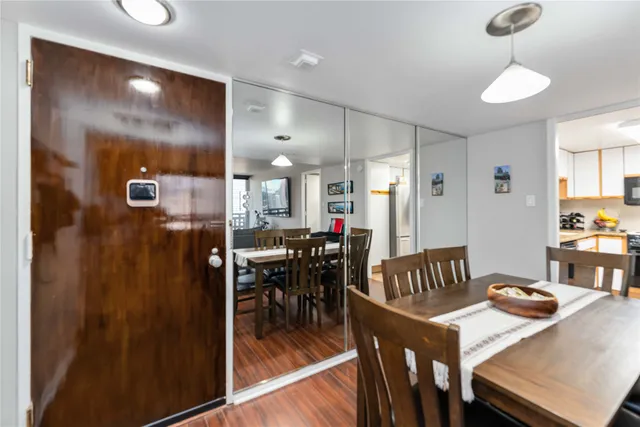 a view of a dining room with furniture