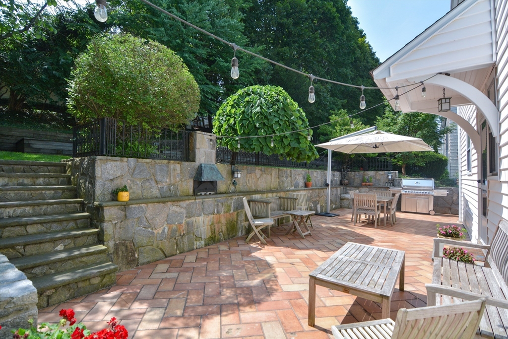 a backyard of a house with table and chairs