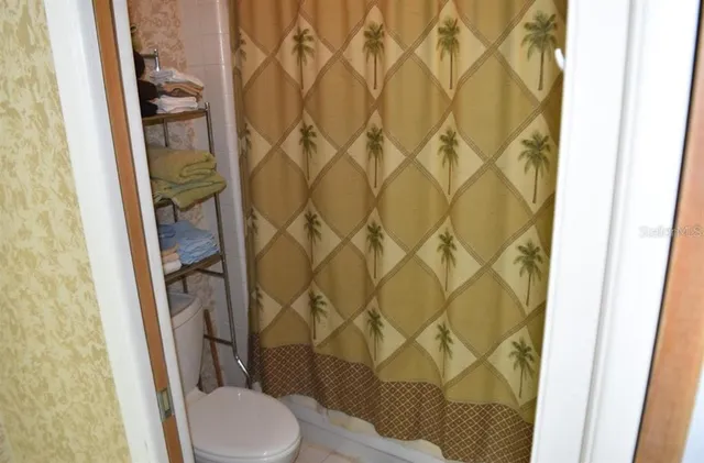a white toilet sitting next to a shower curtain