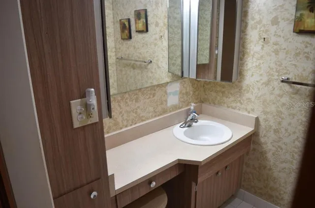 a bathroom with a sink and a mirror