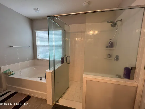 a bathroom with a bathtub and a shower