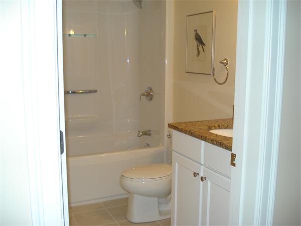 34 Courtyard Place, Unit B Lexington, MA 02420 - Photo 19 of 19 a bathroom with a granite countertop bathtub shower sink vanity and toilet