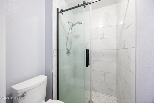 a bathroom with a shower and toilet