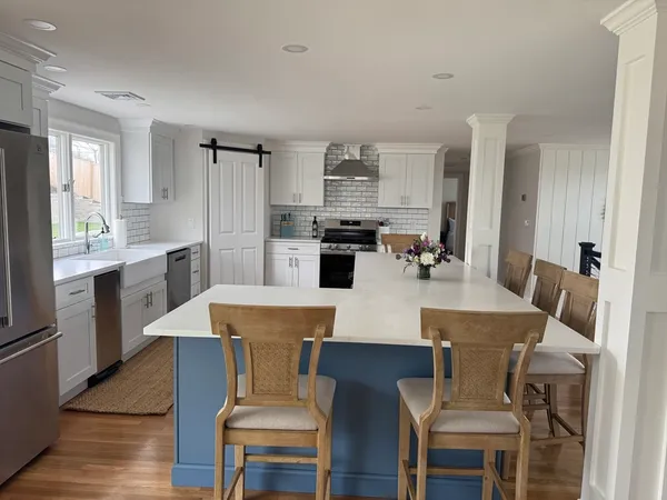a view of a dining room with furniture