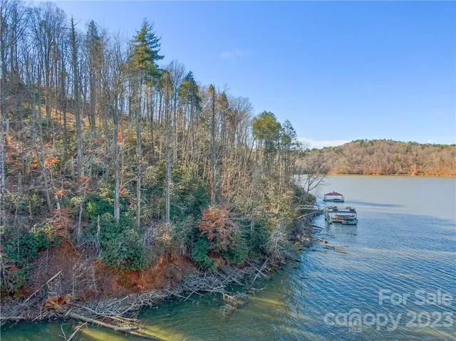 a view of a lake with houses in back