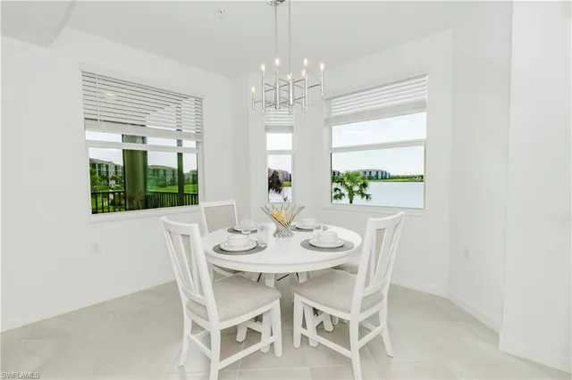 a view of a dining room with furniture window and outside view