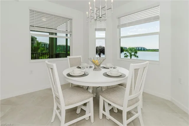 a view of a dining room with furniture window and outside view