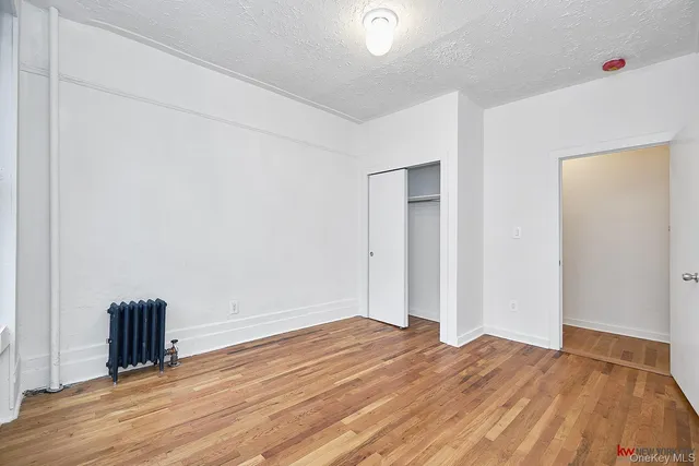 an empty room with wooden floor and closet