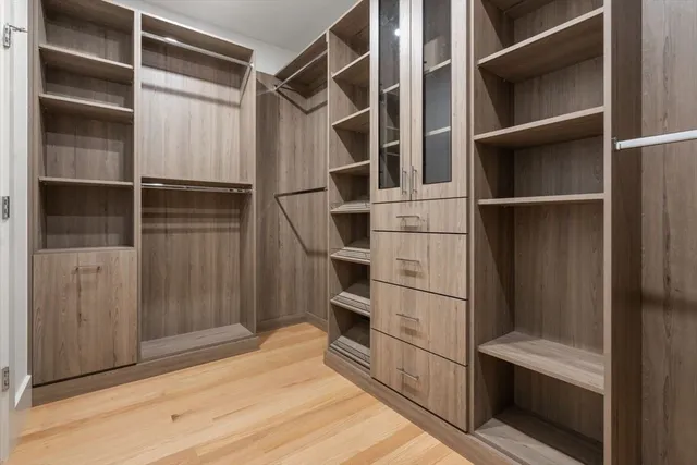 a view of walk in closet with empty racks