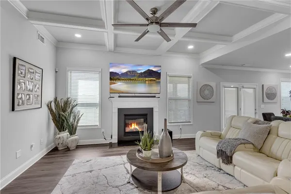a living room with furniture fireplace and potted plant
