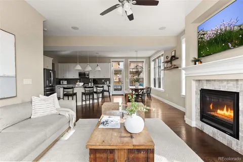 a living room with furniture a fireplace and a floor to ceiling window
