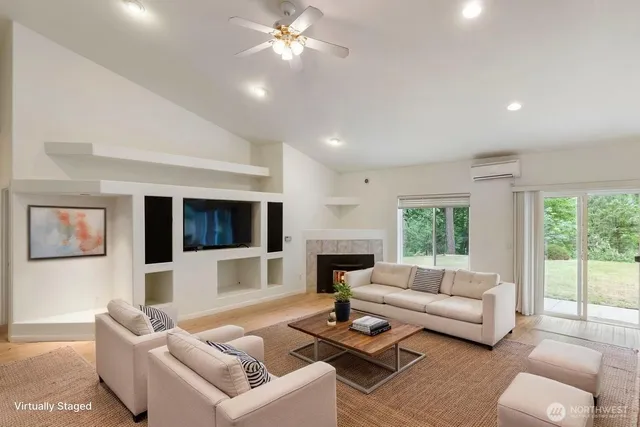 a living room with furniture fireplace and a flat screen tv