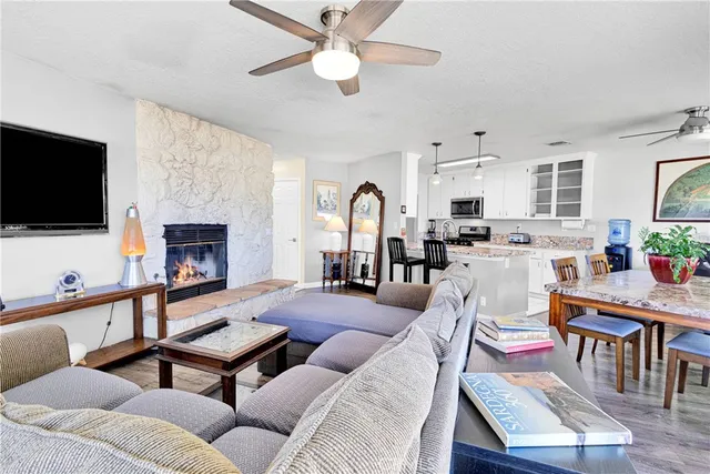 a living room with furniture a fireplace and a flat screen tv
