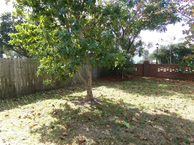 a view of a yard with large tree