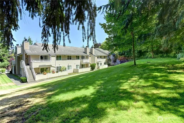 a view of an house with backyard and a tree