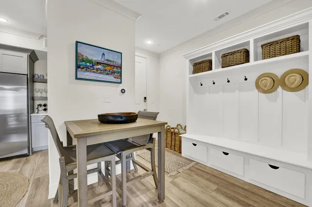 a view of a dining room with furniture