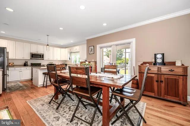 a view of a dining room with furniture kitchen and wooden floor
