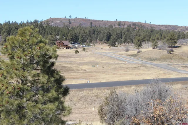 a view of a town with mountains in the background