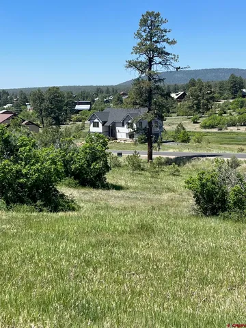 a view of a garden with a building in the background