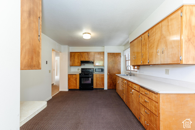 3959 Main Street Logan, UT 84321 - Photo 8 of 35 Wood cabinetry, light-toned countertops, stainless steel sink, black range, and built-in microwave