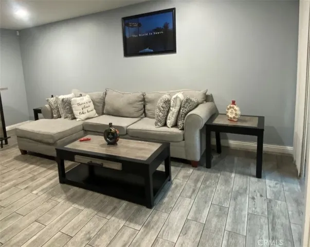 a living room with furniture and a rug