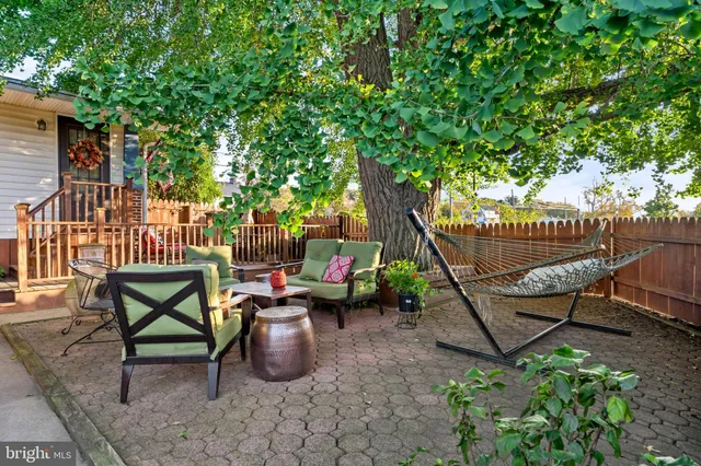 a backyard of a house with table and chairs
