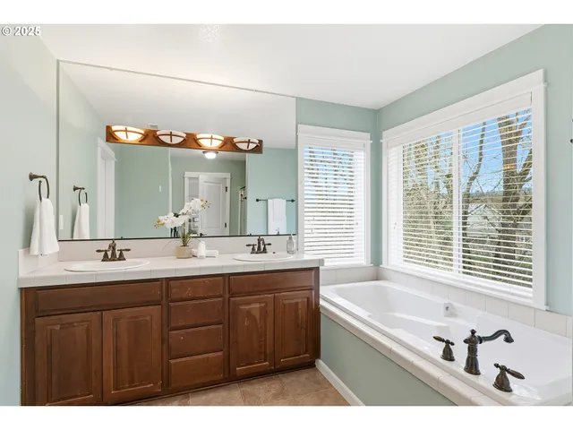 a bathroom with a tub a sink and mirror