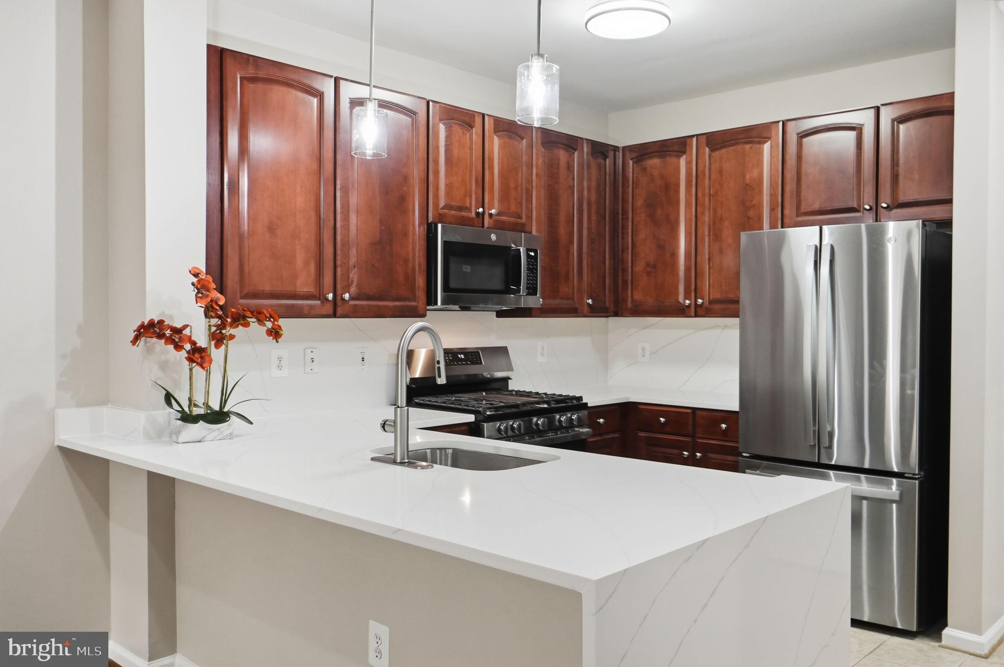 Modern kitchen with rich wood accents.