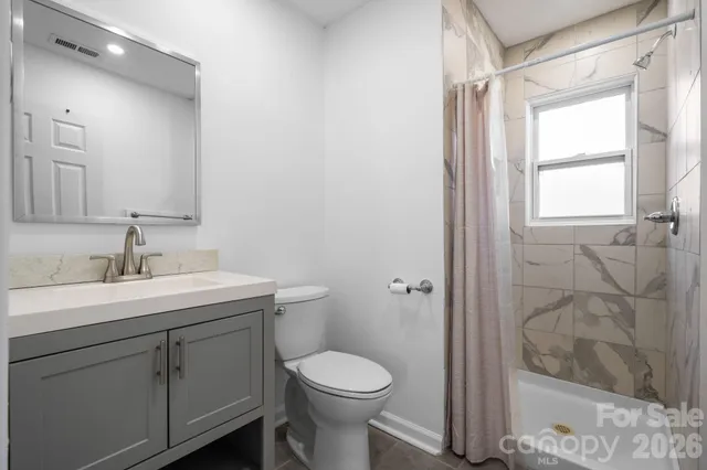 a bathroom with a toilet sink vanity and shower