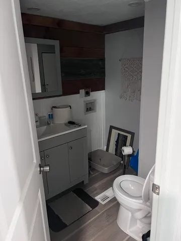 a bathroom with a toilet a sink and a mirror
