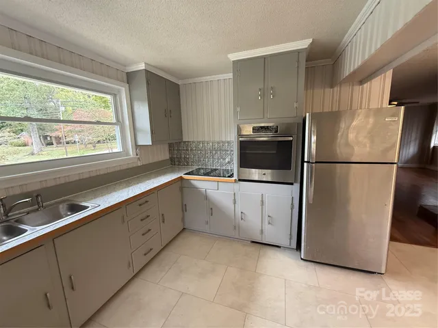 a kitchen with a sink a counter top space and appliances